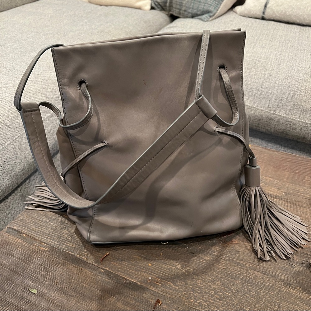 All Saints Gray Leather Tassle Purse